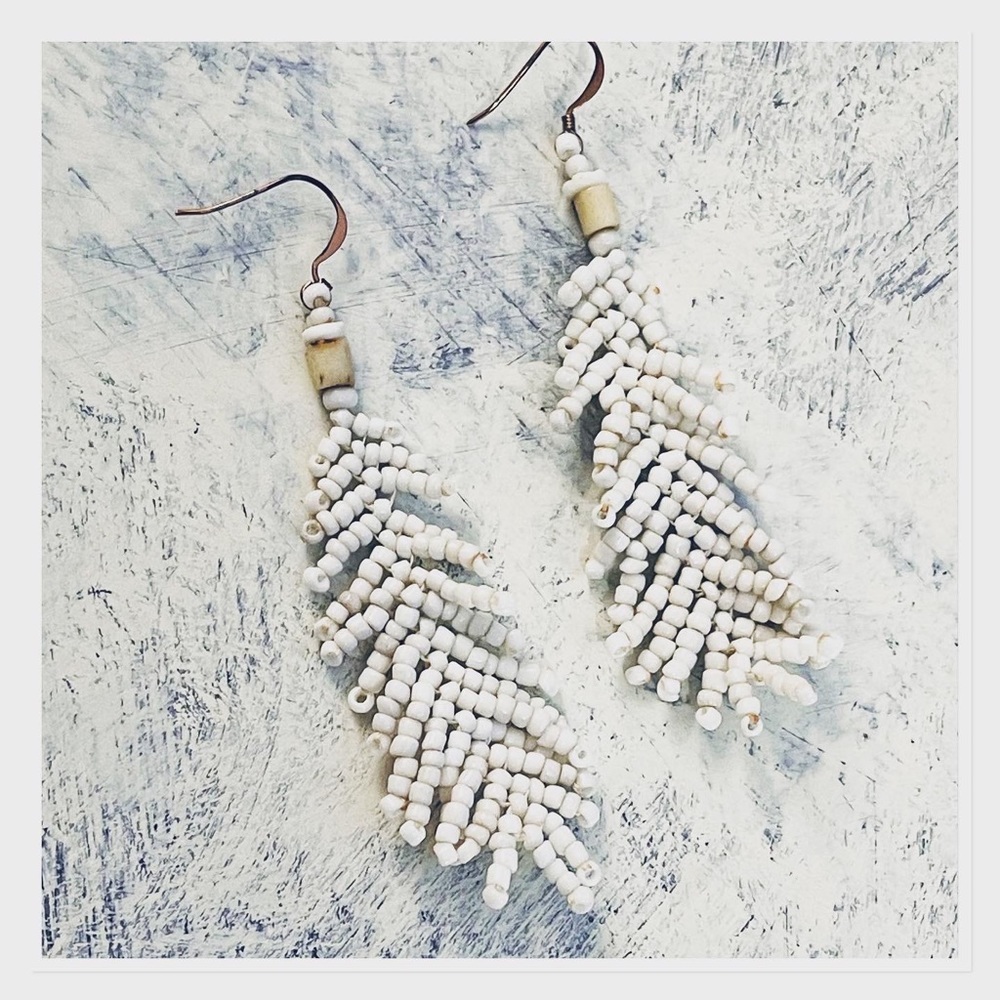 Cream beaded feather earrings